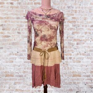 Fairy Cottagecore Flowy Dress Floral Lace Mori Kei Boho Dusty Rose Size S/M